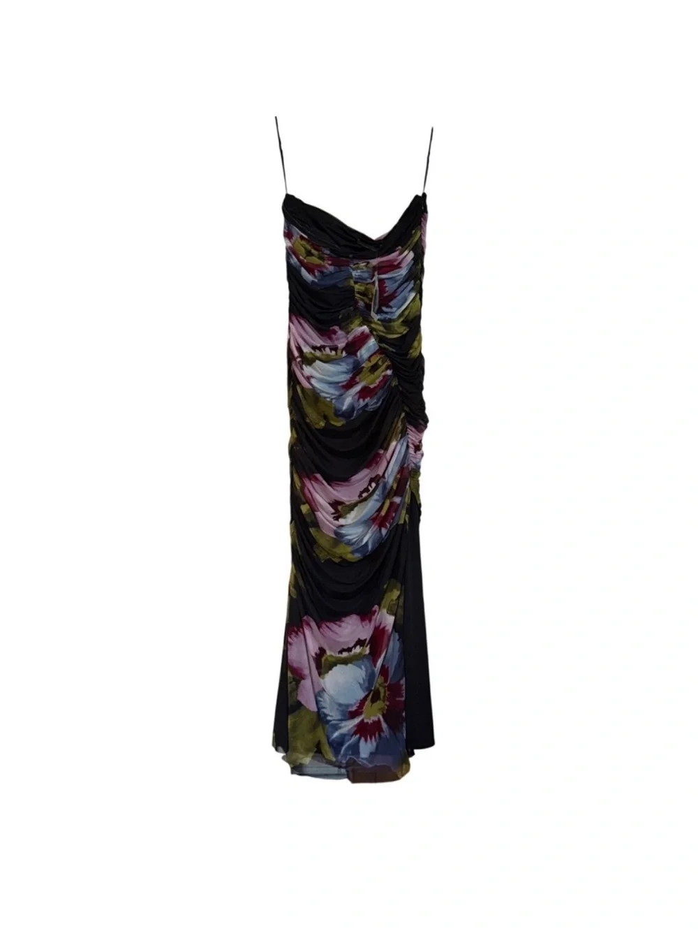 NEW Abercrombie & Fitch Ruched Mesh Floral Maxi Dress Slit Black Large Tall NWT
